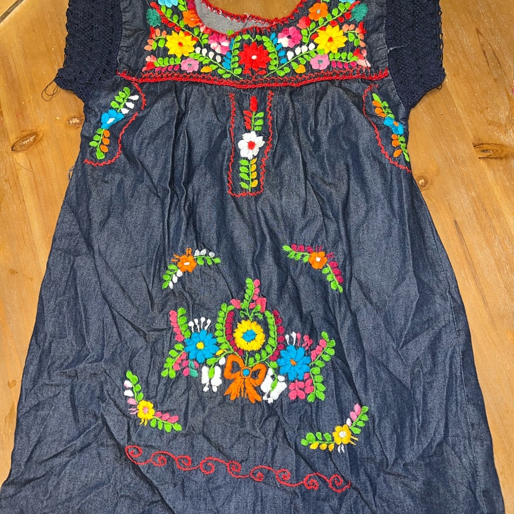Floral Embroidered Kids Dress - Navy